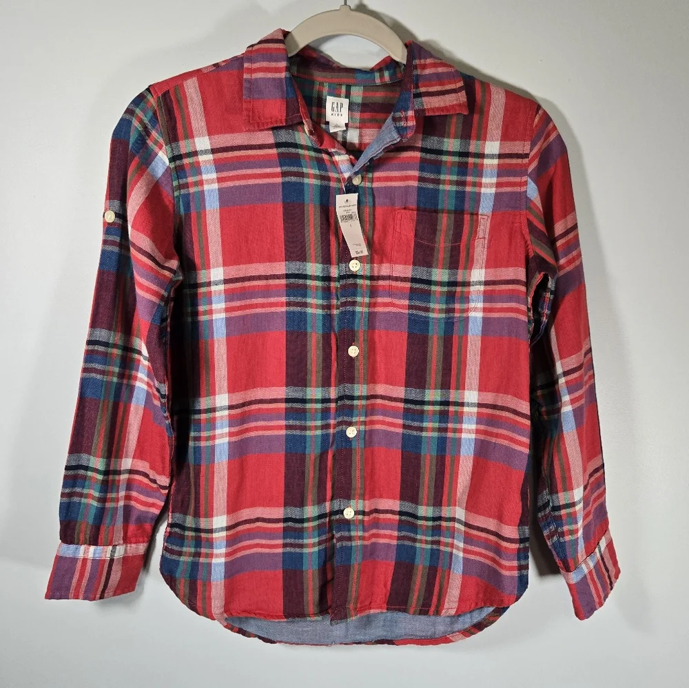 NWT GAP Kids Red Plaid Long‎ Sleeve Button Up Shirt Size L Boys 100% Cotton